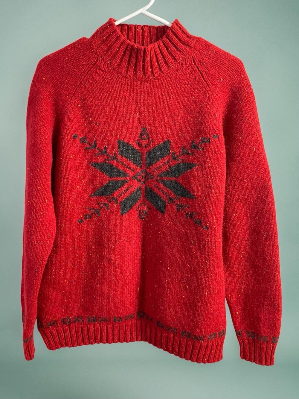 Vintage Eddie Bauer Women’s Tall Large 100% Wool Nordic Snowflake Sweater Red